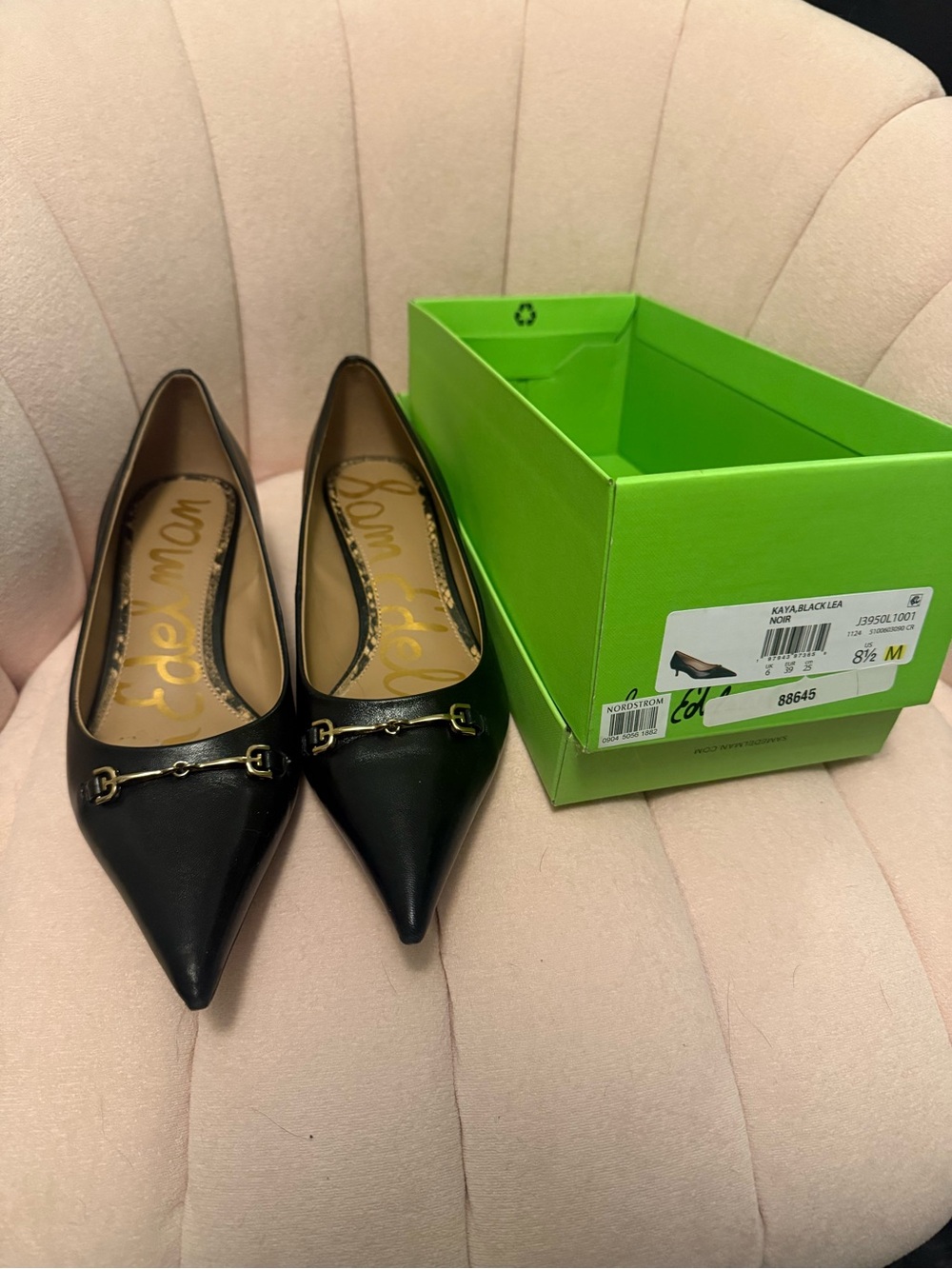 Sam Edelman Black Pointed Leather Flats with Gold Horsebit